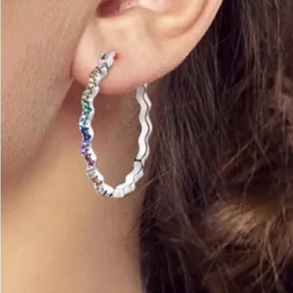 925 Sterling Silver Multi Color Stone Hoop Earring.
